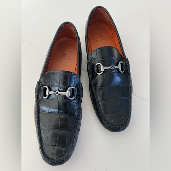Peter Millar Crocodile Embossed Black Leather Pattern Slip-On Silver Bit Loafer